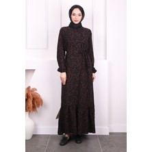 İmaj Butik Siyah Desenli Eteği Katlı Viscon Elbise