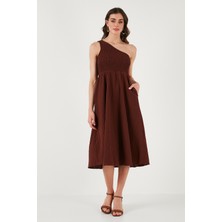 Lela Regular Fit Tek Omuz Belden Açılan Gipeli Midi Boy Elbise Bayan Elbise 67810248