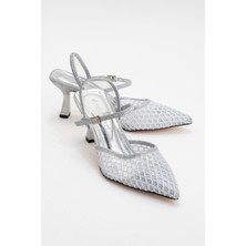 Ccway Kadın Arkası Lastikli Fileli Topuklu Ayakkabı Gümüş