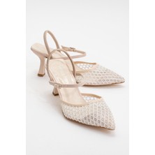 Ccway Kadın Arkası Lastikli Fileli Topuklu Ayakkabı Ten Rugan