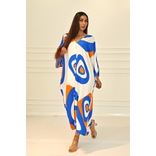 Keyifli Moda Kadın Turuncu Desenli Sırtı Göz Baskılı Cepli Oversize Uzun Gömlek Elbise