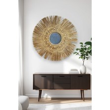 Oceanpoint Doğal Rafya Duvar Aynası, Yuvarlak, Bohem Tasarım, Büyük Boy, El Yapımı, Dekoratif, 80  cm