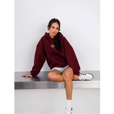 Bordo Unisex Yüksek Baskılı Kapüşonlu Kanguru Cepli Oversize Hoodie