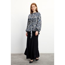 Leopar Desenli Bluz Etek Takım - Indigo