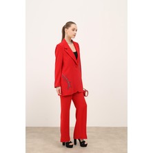 Taşlı Ceket Pantalon Ikili Takım Kırmızı