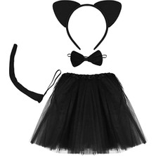 Güllü E Store Kedi Eteği Tacı Kuyruğu ve Papyon Seti Siyah Renk Çocuk Boy