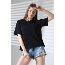 Endies Pamuk Ribana Kumaş Bisiklet Yaka Kısa Kol Oversize Basic Düz Kadın T-Shirt 21964 Siyah