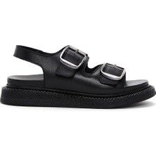 Derimod Kadın Siyah Çift Tokalı Deri Comfort Sandalet 25SFD300018
