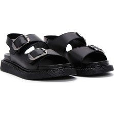 Derimod Kadın Siyah Çift Tokalı Deri Comfort Sandalet 25SFD300018