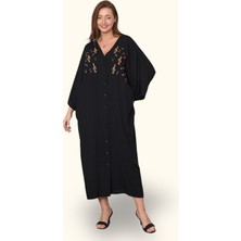 Keyifli Moda Kadın Siyah V Yaka Önü Nota Nakışlı Cepli Oversize Uzun Gömlek Elbise