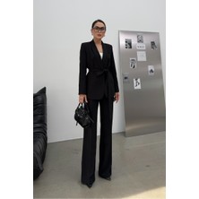 Kadın Ikili Kuşaklı Blazer Ceket Pantolon Takım