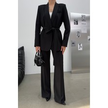 Kadın Ikili Kuşaklı Blazer Ceket Pantolon Takım