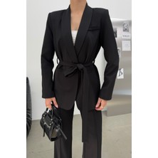 Kadın Ikili Kuşaklı Blazer Ceket Pantolon Takım