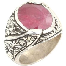 925 Ayar Gümüş Yakut Taşlı Elişi Kalemli Erkek Yüzük