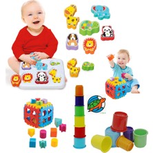 Sevimli Hayvanlar Bultak + Silindir Bardak Kule + Bul Tak Puzzle Eğitici Zeka Geliştirici Set