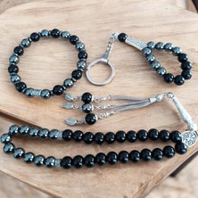 Mga Doğaltaş Hematit Oniks Doğal Taş Bileklik - Doğal Taş Tesbih - Doğal Taş Anahtarlık - 3 Adet Doğal Taş