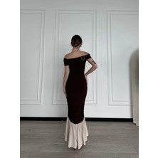 Reka Moda Striptiz Omuzlu Uzun Elbise- Kahve