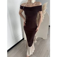 Reka Moda Striptiz Omuzlu Uzun Elbise- Kahve