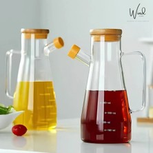 Cam Borosilikat Bambu Kapaklı Yağdanlık 1 Lt Ikili Set - Ahşap Stand Hediye