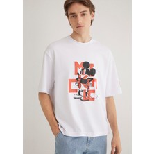 Mavi Mickey Mouse Baskılı Beyaz Tişört 0612561-620