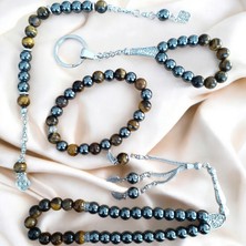 Mga Doğaltaş Doğal Taş Bileklik - Doğal Taş Tesbih - Doğal Taş Anahtarlık - Zaza Tesbih - Hematit Kaplan Gözü Taşı Seti