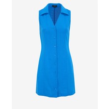 Fabrika Kaçık Yaka Düz Saks Mini Kadın Elbise F5SL-ELB0047