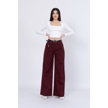 Kemerli ve Pileli Cep Düğme Detaylı Bol Paça Pantolon 30222