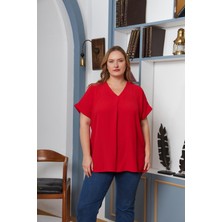 Rmg Yaka ve Kol Detaylı Yırtmaçlı Büyük Beden Bluz Kırmızı