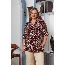 Rmg Büyük Beden Kol Katlı Leopar Bluz Bordo