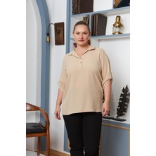 Kol Detaylı Büyük Beden Gömlek Yaka Bluz Krem