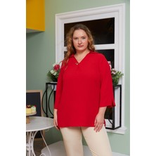 Rmg Yaka Detaylı Büyük Beden Bluz Kırmızı