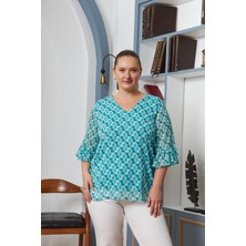 Rmg Büyük Beden Kol Detaylı Astarlı Şifon Bluz Mavi