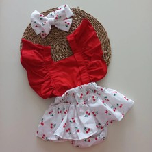 Mars Baby Kız Bebek Kırmızı Kiraz Desenli Fırfırlı Salopet Bandana Takım