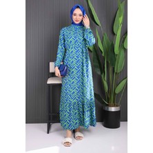 İmaj Butik Yeşil Desenli Eteği Katlı Viscon Elbise