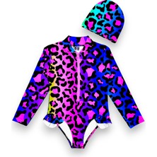 Kız Çocuk Ön Fermuar Detaylı Body Suit Uzun Kollu Güneş Koruyucu Fırfırlı Mayo + Bone