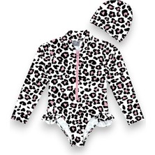 Kız Çocuk Ön Fermuar Detaylı Body Suit Uzun Kollu Güneş Koruyucu Fırfırlı Mayo + Bone