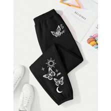 Amor Face Özel Tasarım Güneş-Ay-Kelebekler Baskılı Ultra Rahat Pamuk Yazlık Jogger Kadın Eşofman Altı