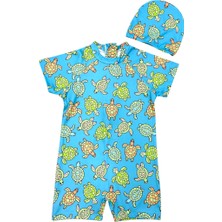 Çocuk Kısa Kol Hassas Ten Güneş Koruma Sevimli Kaplumbağa Tema Mayo Bone Takım