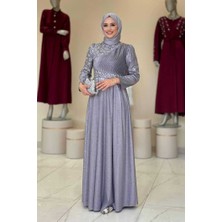 Simli Taş Detaylı Abiye 3934 Gri