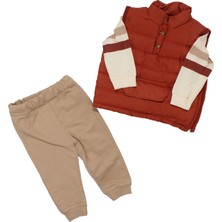 Erkek Bebek Kiremit Bej Şişme Yelekli Önü Kapalı Cepli 3'lü Takım