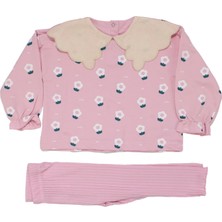 Kız Çocuk Pembe Beyaz Papatya Desenli Keten Bebe Yakalı Ikili Takım