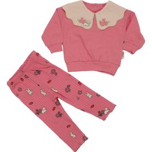 Bebegen Kız Bebek Pembe Tavşanlı Çiçekli Deseneli Keten Bebe Yakalı Ikili Takım