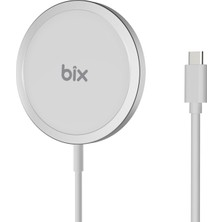 Bix BXMG17 15W Qi Akıllı Telefon, Airpods, Akıllı Saat Için Manyetik Kablosuz Hızlı Şarj Cihazı Type-C Girişli Taşınabilir Mıknatıslı Şarj Aleti Gümüş