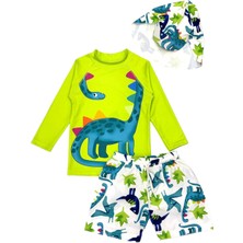 Erkek Çocuk Güneş Korumalı Siper Şapkalı Dinozor Karakter Desenli Deniz Şortlu Mayo Takım