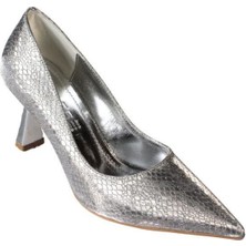 Yaz Kış Ayakkabı Yazkış Kadın Platin Gümüş Parlak Petek Kumaş 7cm Kadeh Topuk Sivri Burun Stiletto Ayakkabı