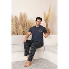 Erkek Kısa Kol Üst K.indigo Alt Siyah Ekose Pijama Takımı