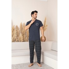 Erkek Kısa Kol Üst K.indigo Alt Siyah Ekose Pijama Takımı