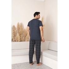 Erkek Kısa Kol Üst K.indigo Alt Siyah Ekose Pijama Takımı