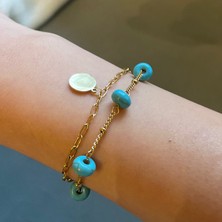 Daya Glow Çelik Gold Mavi Boncukyuvarlak Bileklik