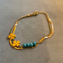 Daya Glow Çelik Gold Mavi Boncuk Yonca Bileklik